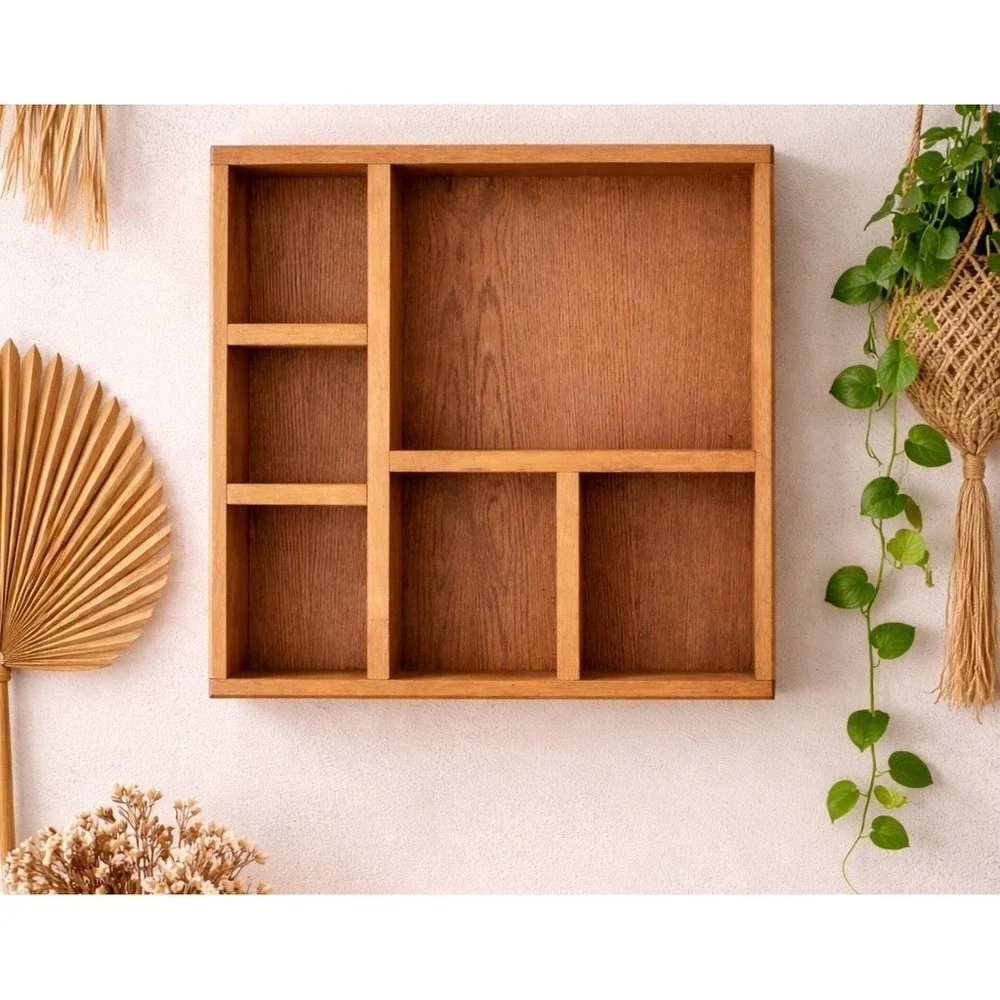 Vintage 90's Granny Core Boho Wood Wall Display Trinket Shadow Box Shelf 20x20